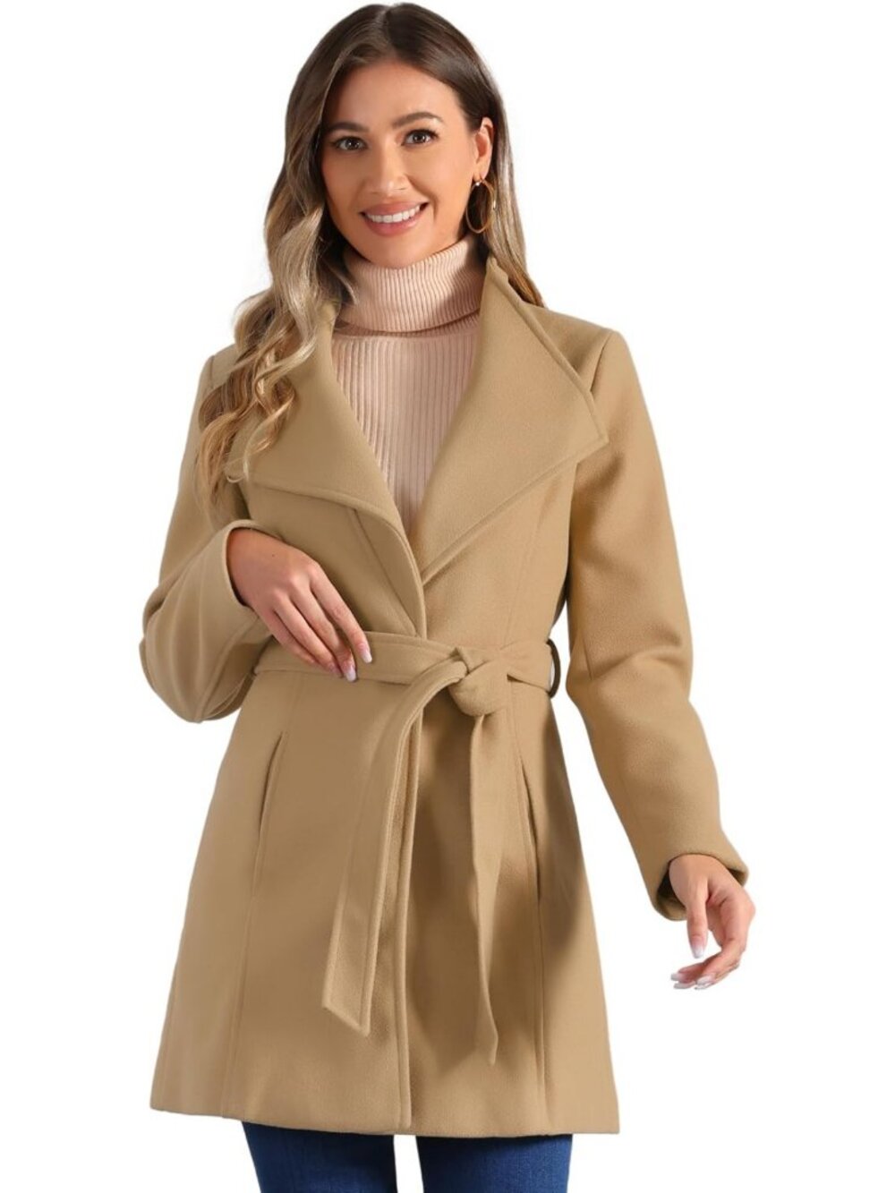 Elegant Women's Winter Overcoat, Long Belted Pea Coat with Stand Collar